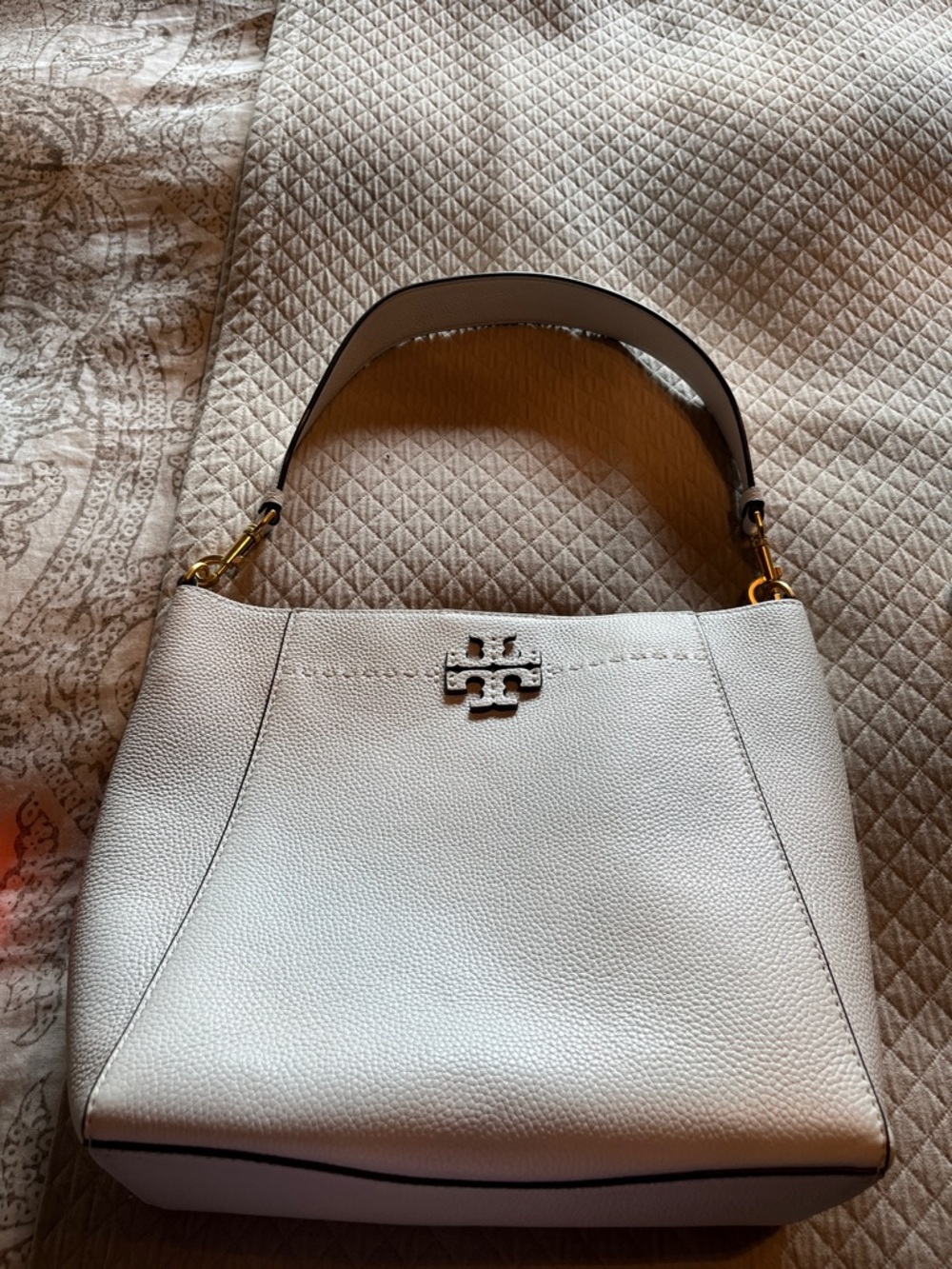 Tory Burch McGraw White Pebbled Leather Shoulder bag